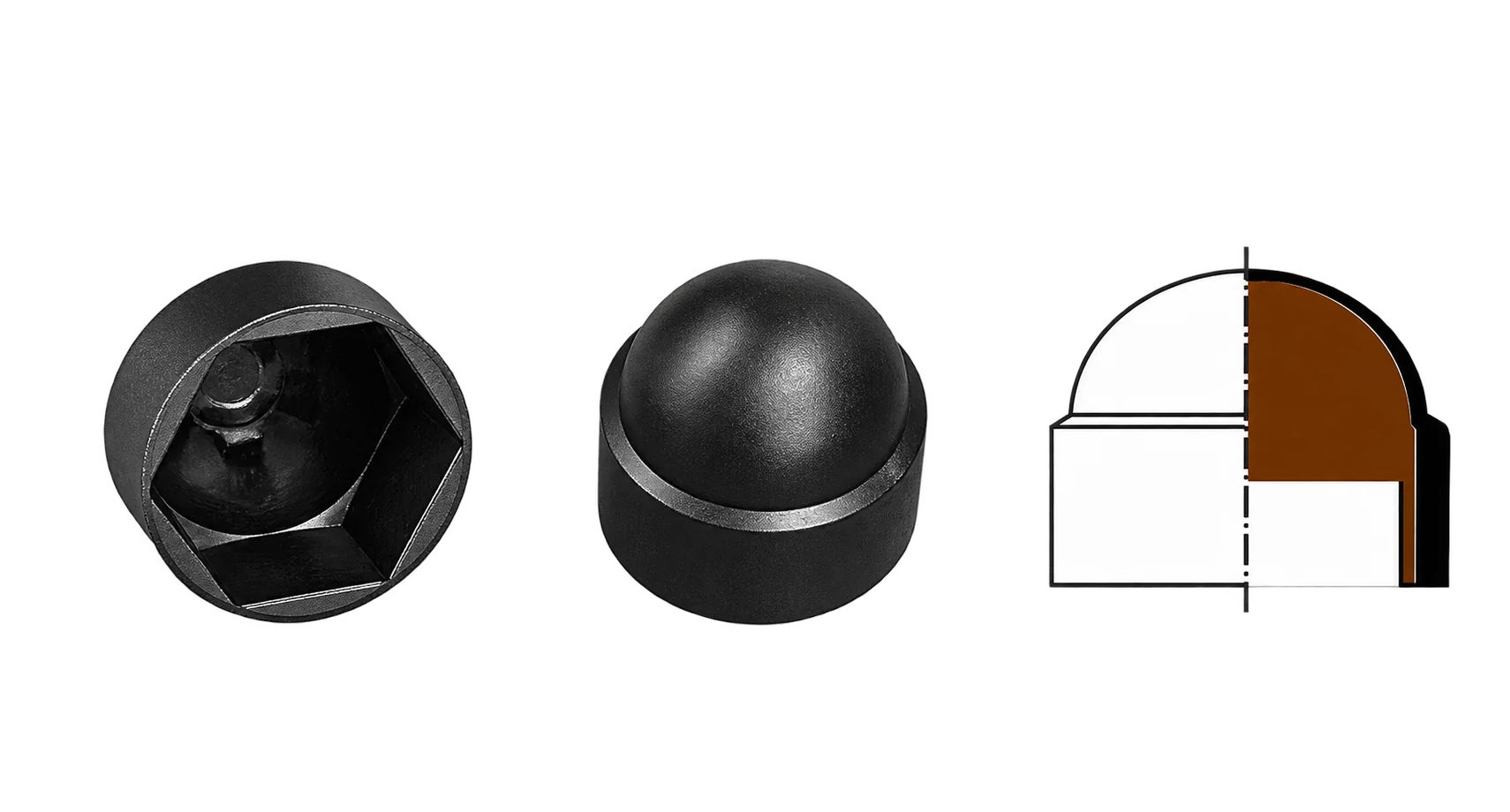 Capuchon de protection noir Capugum, coupé pour montrer l’écrou hexagonal