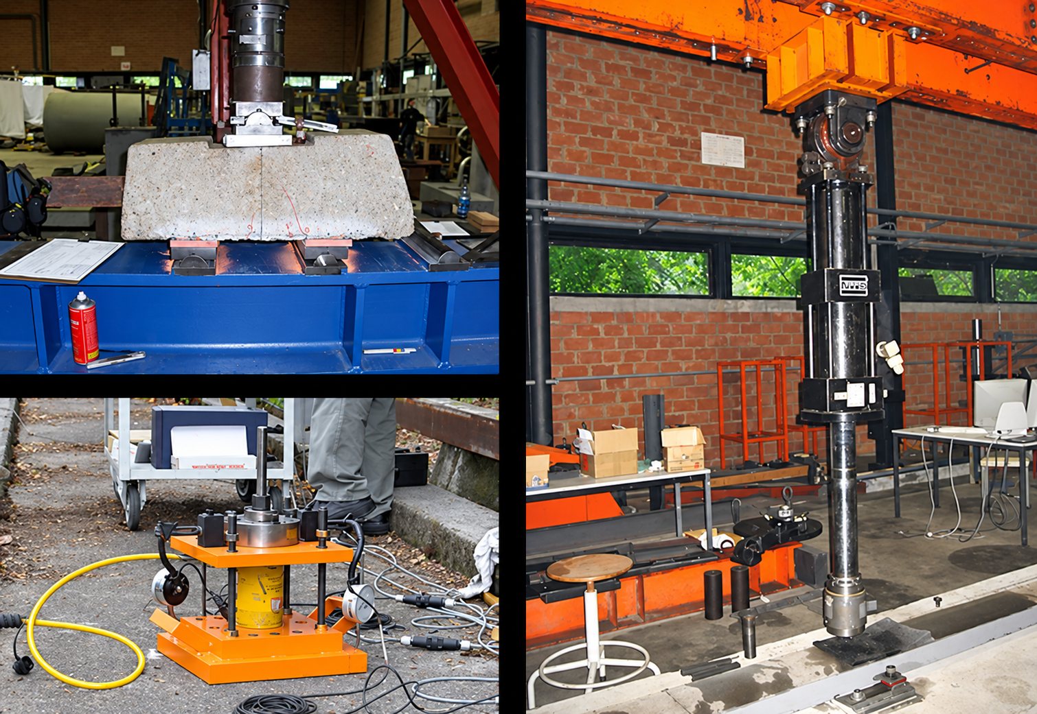 Trois photos d'un laboratoire montrant un bloc de béton sous presse, un vérin hydraulique orange posé au sol et un grand vérin vertical devant un mur de briques.