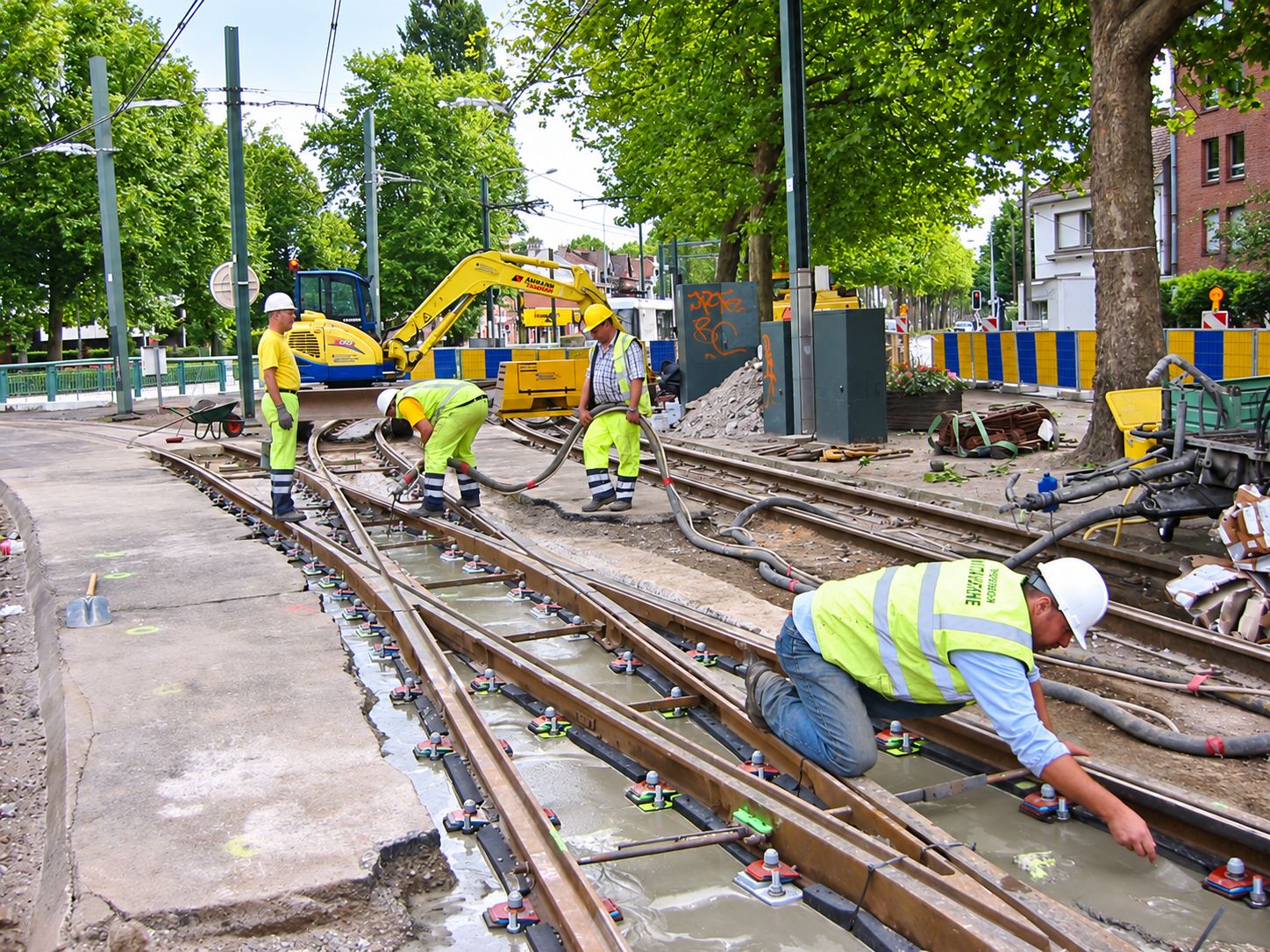 Ouvriers posant des rails de tramway sur un chantier urbain