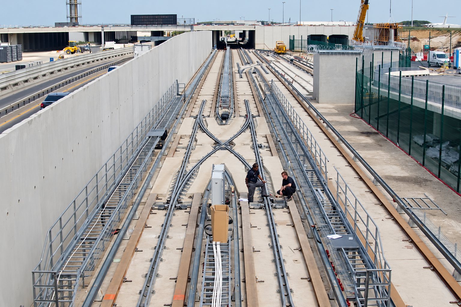 Deux ouvriers sont accroupis au milieu de voies ferrées en cours d'installation, entourées de hauts murs en béton et de chemins de câbles sur un grand chantier.