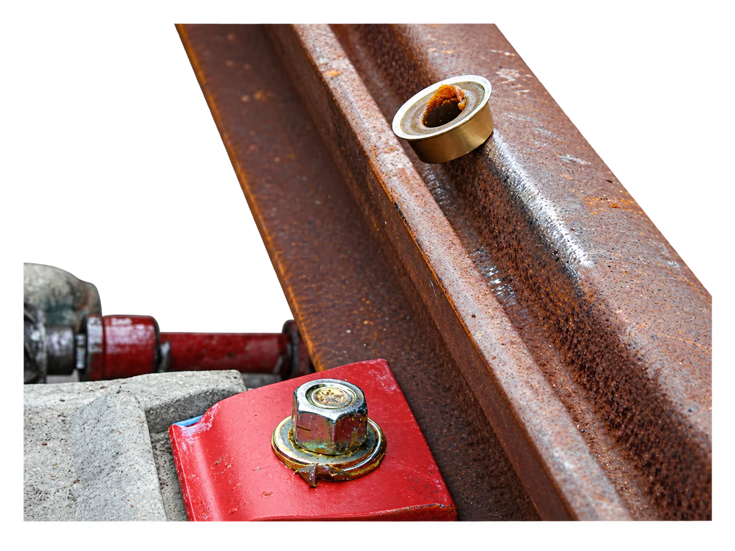 Rail rouillé, écrou, rondelle et embout en laiton