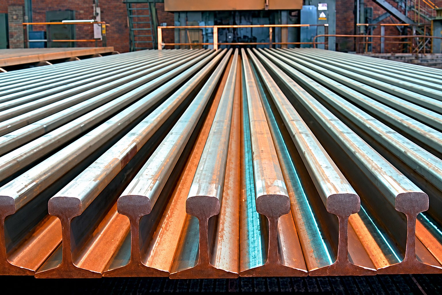 De nombreux rails d'acier neufs sont alignés en rangées parallèles dans un grand atelier industriel.