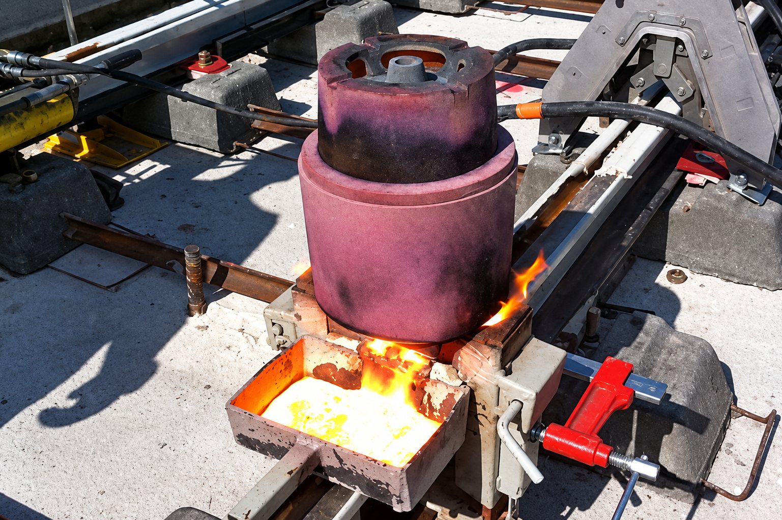 Un creuset violet est posé sur un moule où brûlent des flammes vives, lors d'une soudure aluminothermique sur un chantier en extérieur.
