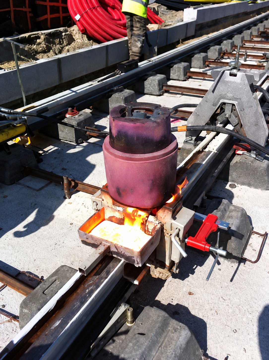 Un creuset de soudure aluminothermique avec flamme vive est posé sur deux rails lors de travaux de voie ferrée.
