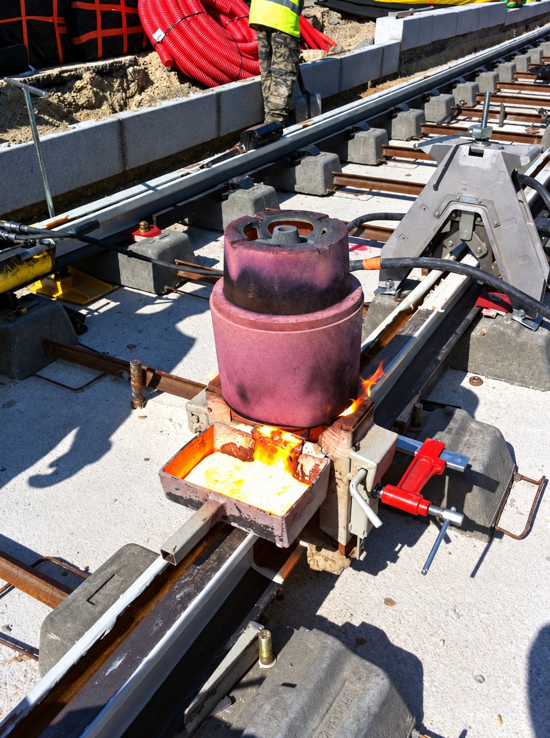 Un creuset en feu au-dessus de deux rails pendant une soudure aluminothermique sur un chantier ferroviaire, avec des gaines rouges et un ouvrier à l'arrière-plan.