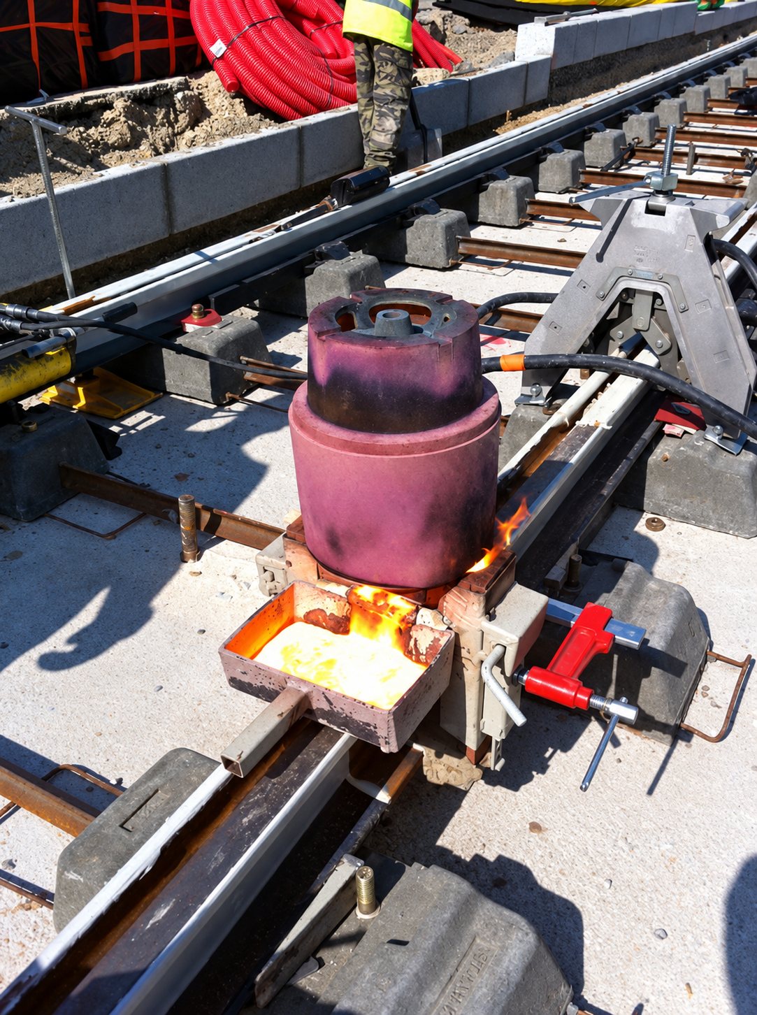 Un moule de soudure aluminothermique rougeoyant est posé sur un rail de tramway en construction, avec des gaines rouges et un ouvrier en arrière-plan.