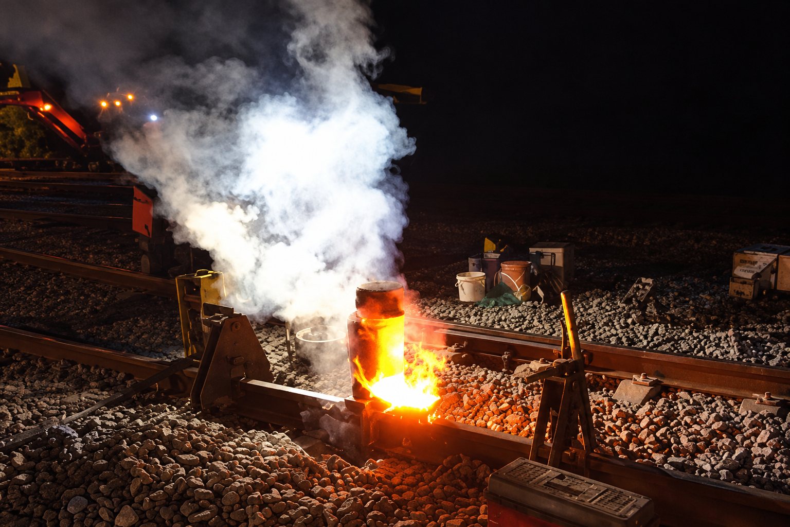 Soudure aluminothermique de nuit, avec un panache de fumée au-dessus du rail