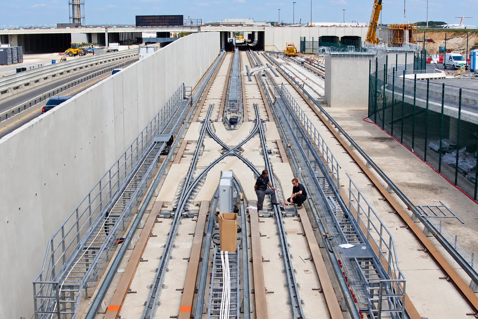 Deux techniciens accroupis entre les rails d'une voie ferrée neuve dans une tranchée en béton, sur un chantier d'infrastructure avec des engins en arrière-plan.