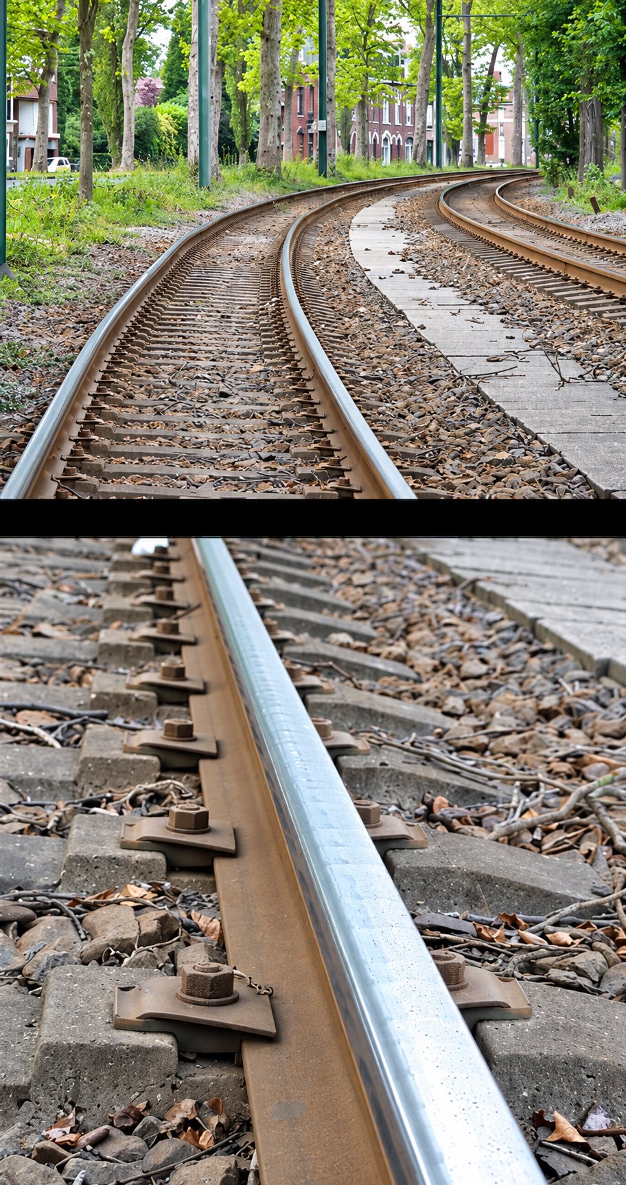Deux vues d'une voie de tramway : en haut, une courbe bordée d'arbres, en bas, un gros plan sur le rail, ses boulons et les traverses.